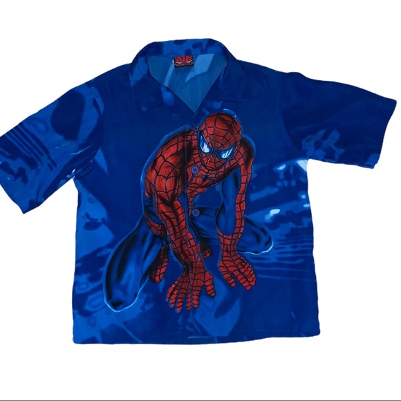 MARVEL Spiderman Graphic Button Up Top Tee Shirt Sleeve Blue Red Boys 5 - Picture 1 of 6